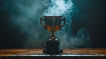 Golden trophy with smoke on wooden surface.