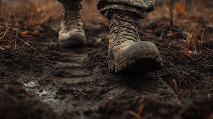 Obraz premium A soldier's boots leave prints in the soil, as he ventures through the wilderness, capturing the essence of military exploration.