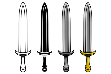 Vector silhouettes, icons and flat design line art of Arabian swords, pirates, knights, warriors, soldiers and executioners isolated on white background. Large sword collection set