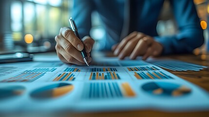 Professionals gathered around a table, analyzing data charts.