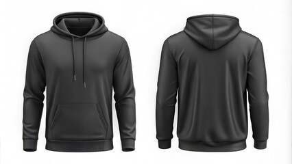 Set of Black front and back view tee hoodie hoody sweatshirt on white background cutout, PNG file. Mockup template for artwork graphic design