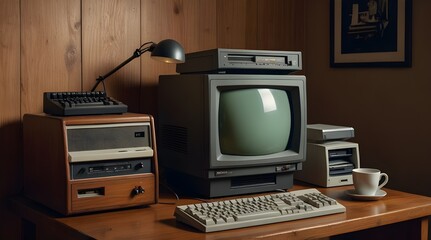 Fototapeta premium Vintage computer setup including CRT monitor keyboard.generative.ai