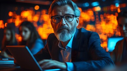 Diverse colleagues using tablets and laptops for a virtual collaboration in a modern conference room.
