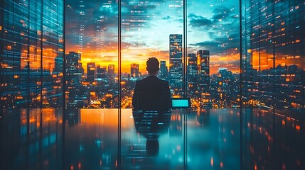 Group of professionals collaborating on digital documents in a contemporary conference room.