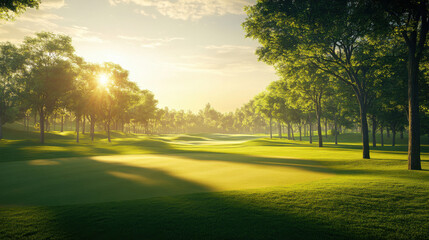 The beautiful golf course with morning sunshine.