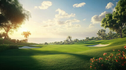 The beautiful golf course with morning sunshine.