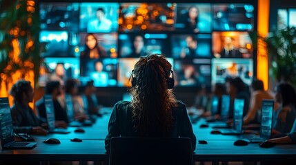 Team engaged in a virtual meeting with digital screens in a high-tech conference room.