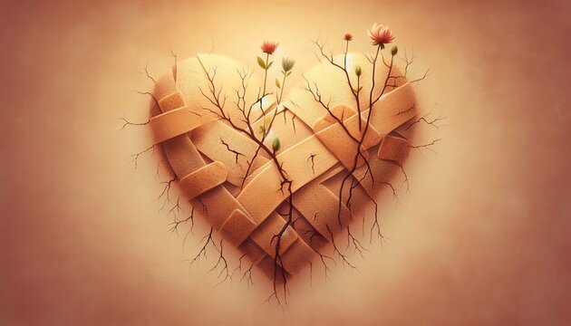 A symbolic heart wrapped in bandages with flowers emerging, set against a soft backdrop, representing emotions, healing from a fracture, and recovery.