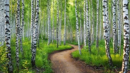 Gardinen a forest path winding through a grove of tall birch trees © Muhammad