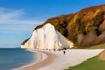 The iconic cliffs of Møns Klint in Denmark on a sunny autumns day. Generative AI