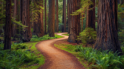 a forest path winding through a grove of majestic redwoods