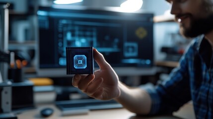 Fototapeta premium A vibrant image of a designer holding a freshly printed 3D model of a futuristic gadget, with a modern workspace in the background.