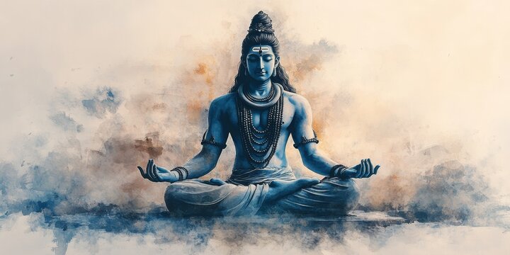 Hindu God Shiva statue in meditation. Generative AI， Watercolor Abstract for Modern Spirituality. Vibrant Red-Blue Hindu Art Ideal for T-Shirts, Posters, and UI Projects. Minimalist Cultural Design Pe
