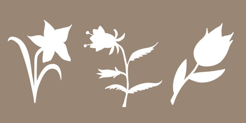 white silhouettes of flowers on a brown background.