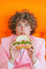 A young man in a pastel pink suit holding a sandwich with vibrant ingredients against an orange...