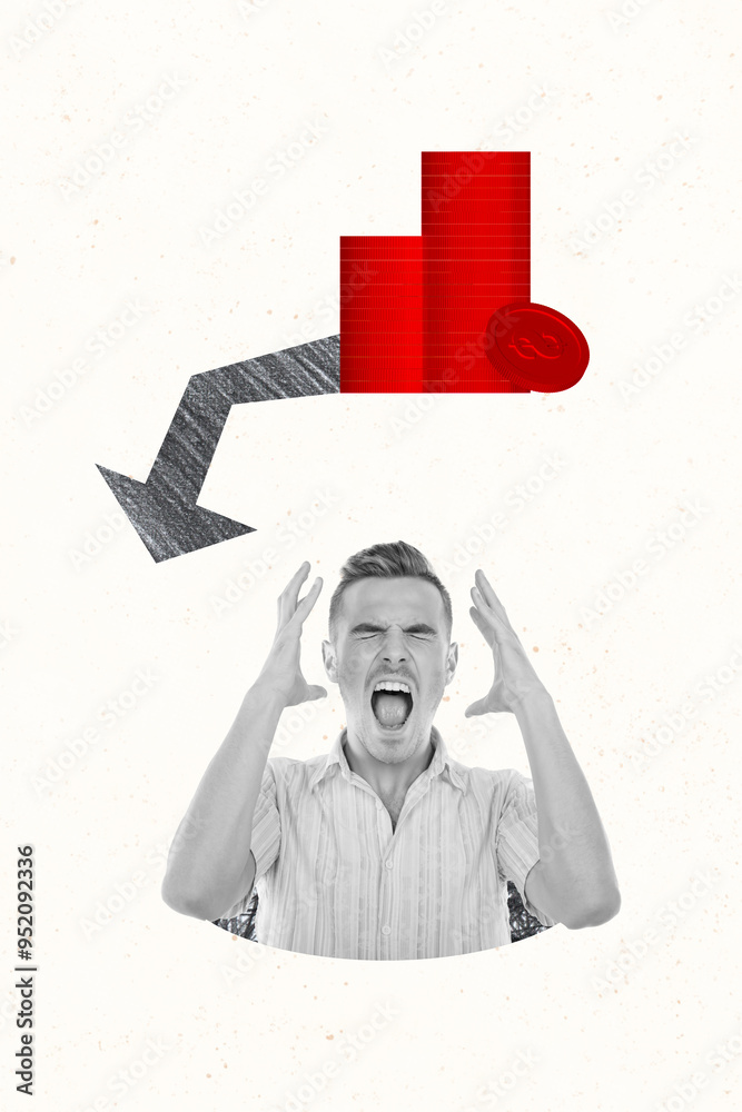 Sticker vertical collage young businessman stressed scream shout problem economy crisis devaluation inflatio