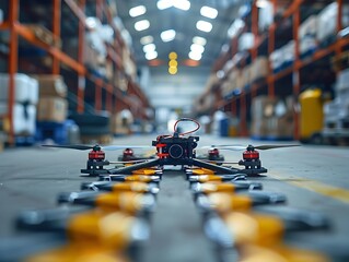 Fototapeta premium Drone Racing Through Obstacle Filled Warehouse Capturing Dynamic Action and Speed