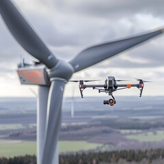 Drone Conducting Detailed Wind Turbine Inspection for Maintenance and Renewable Energy Management