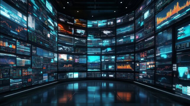 A smart city control center where AI algorithms and data analytics are used to optimize urban planning and business operations. The room is filled with large digital screens displaying real-time data