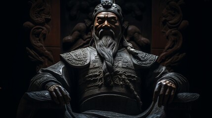 Chinese nobleman carved in stone, wearing ancient Chinese ornaments in Chinese palace, created with AI