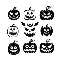 Obraz premium scary and funny Halloween pumpkin and ghost faces vector collection.