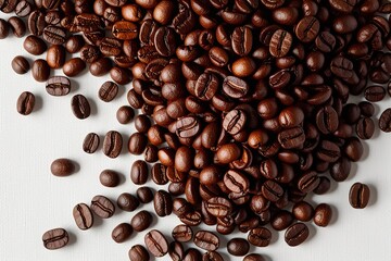 Obraz premium Aerial View of Roasted Coffee Beans on White Background