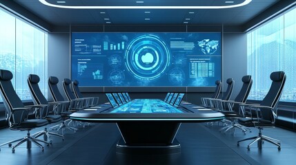 A futuristic boardroom where executives analyze 3D holographic models of business performance metrics. The holograms display detailed financial data, market trends, and forecasts. The room is