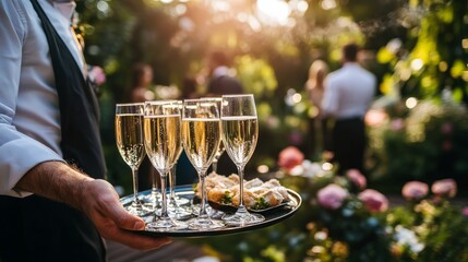 Waiter holding a tray with champagne glasses and appetizers at an outdoor garden event