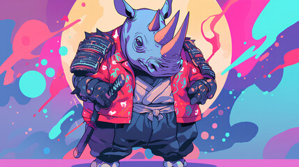 Fototapeta premium Cute rhinoceros wearing Japanese samurai armor, cool poses, cute kawaii, simple, smiling happy. neon psychedelic background