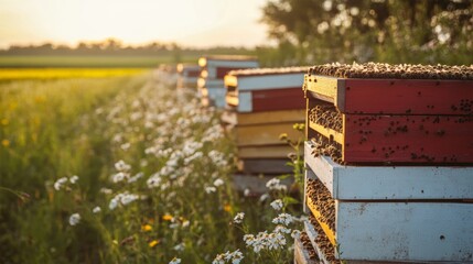 A clean and modern bee farm where automated systems optimize hive management, honey production, and bee health. The image captures rows of bee hives in a well-maintained environment, with digital