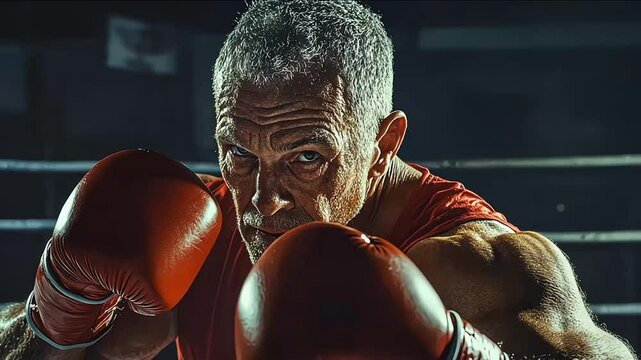 An old man boxer on guard wearing a red tank top and boxe gloves in a combat gym