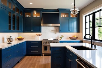 Fototapeta premium Elegant Kitchen Design Featuring Steel Blue Cabinets and Modern Cabinetry