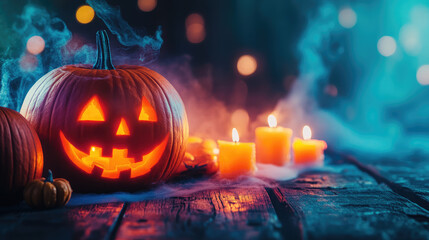 Obraz premium Spooky Halloween party invitation with ghostly mist, carved pumpkins, and glowing candles.
