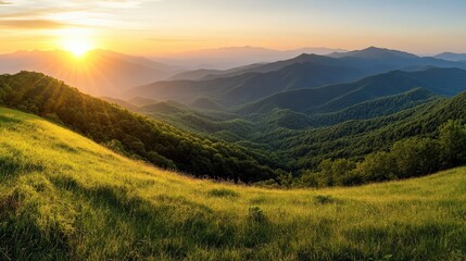 The stunning view of the Blue Ridge Mountains, USA, with layers of rolling hills at sunrise