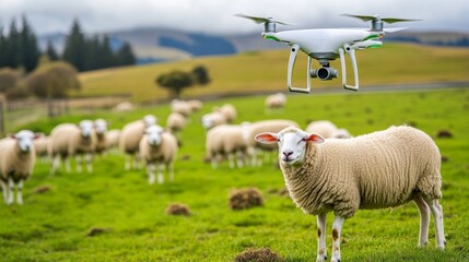 A high-tech sheep farm where drones and AI-powered systems monitor grazing patterns, herd health, and wool production. The image captures sheep in a large, green pasture, with a drone hovering above,