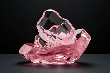 Translucent Melting Pink Crystal Sculpture with Shimmering Texture on Dark Background