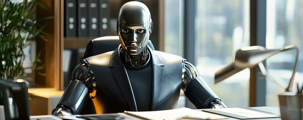 A confident humanoid robot AI CEO in a business suit sits behind a desk, overseeing a bustling tech company, embodying the future of leadership and innovation in a modern workspace.