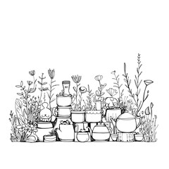 Magical Garden Tea Party with Playful Creatures in Black Line Art