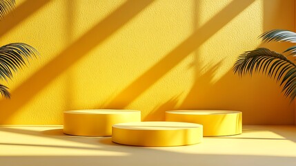 A vibrant yellow podium decorated with palm leaves glows warmly in the sun.