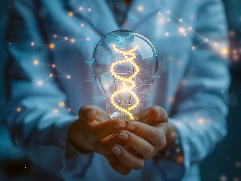 Scientist Holding Illuminated Bulb with DNA Helix Symbolizing Ideas in Genetic Research - Powered by Adobe