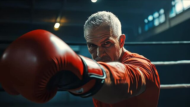 An old man boxer on guard wearing a red tank top and boxe gloves in a combat gym