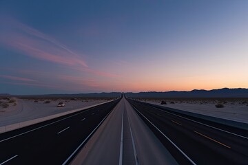 Naklejka premium Desert Highway Landscape at Dusk Featuring Open Lanes and Expansive Skies
