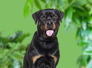 Happy rottweiler dog is sitting and panting on green and vegetal background