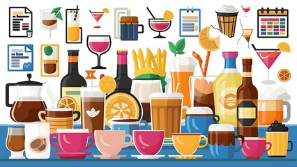Coffee, tea icons. Beer, wine and cocktail signs. Soft and alcohol drinks symbols. Report document, calendar icons. Vector