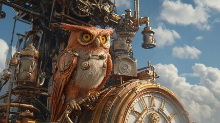Mechanical steampunk owl perched on a Victorian clock tower