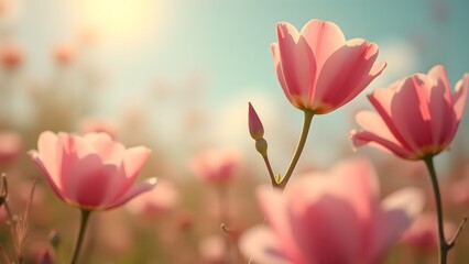 Fototapeta premium Close-up of pink flowers blooming in a sunlit field, with soft light and a blurred background