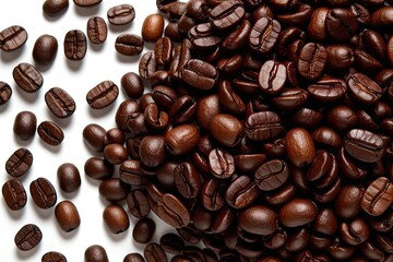 Obraz premium Aerial Perspective of Fresh Hot Dark Roast Coffee Beans on White Background