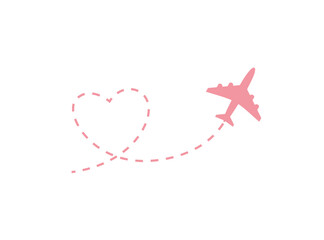 Heart's plane route. Love's flight path. Airplane flying towards a romantic honeymoon destination. © artOselect