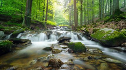 Obraz premium a forest with a gentle stream flowing over smooth stones and creating a soothing sound