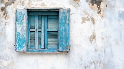 Vintage Blue Window on Weathered Wall